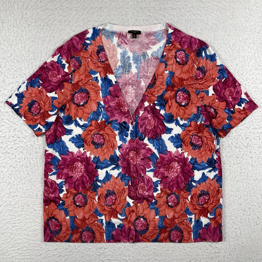 Talbots Shirt Womens 2X Floral Button V-Neck Flowers Boho Casual Travel Vacation
